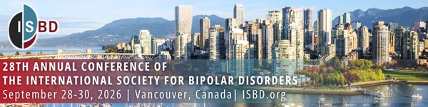 Banner with Vancouver skyline and mountains; text reads '28th Annual Conference of the International Society for Bipolar Disorders, September 28-30, 2026, Vancouver, Canada, ISBD.org'