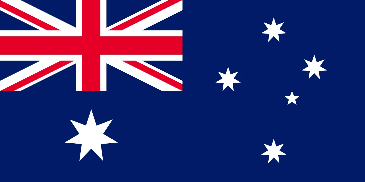Australian flag: blue field with Union Jack in the canton, a large white Commonwealth Star, and the Southern Cross constellation of white stars on the right.