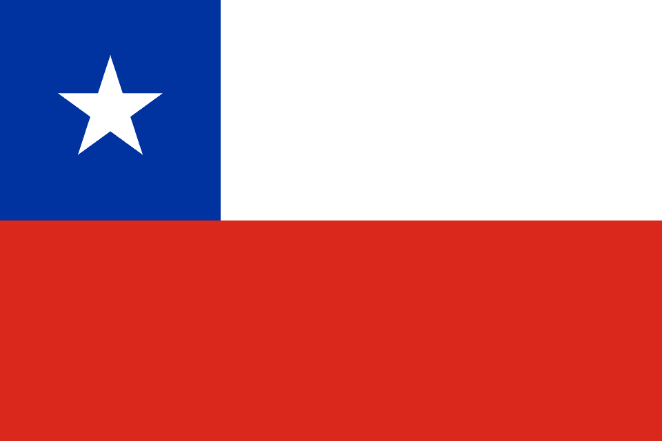 Flag of Chile: white upper half and red lower half with a blue square in the hoist bearing a white star.