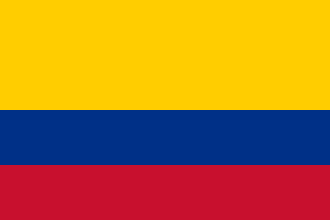 Flag of Colombia: yellow top half with blue and red stripes below (three horizontal stripes).