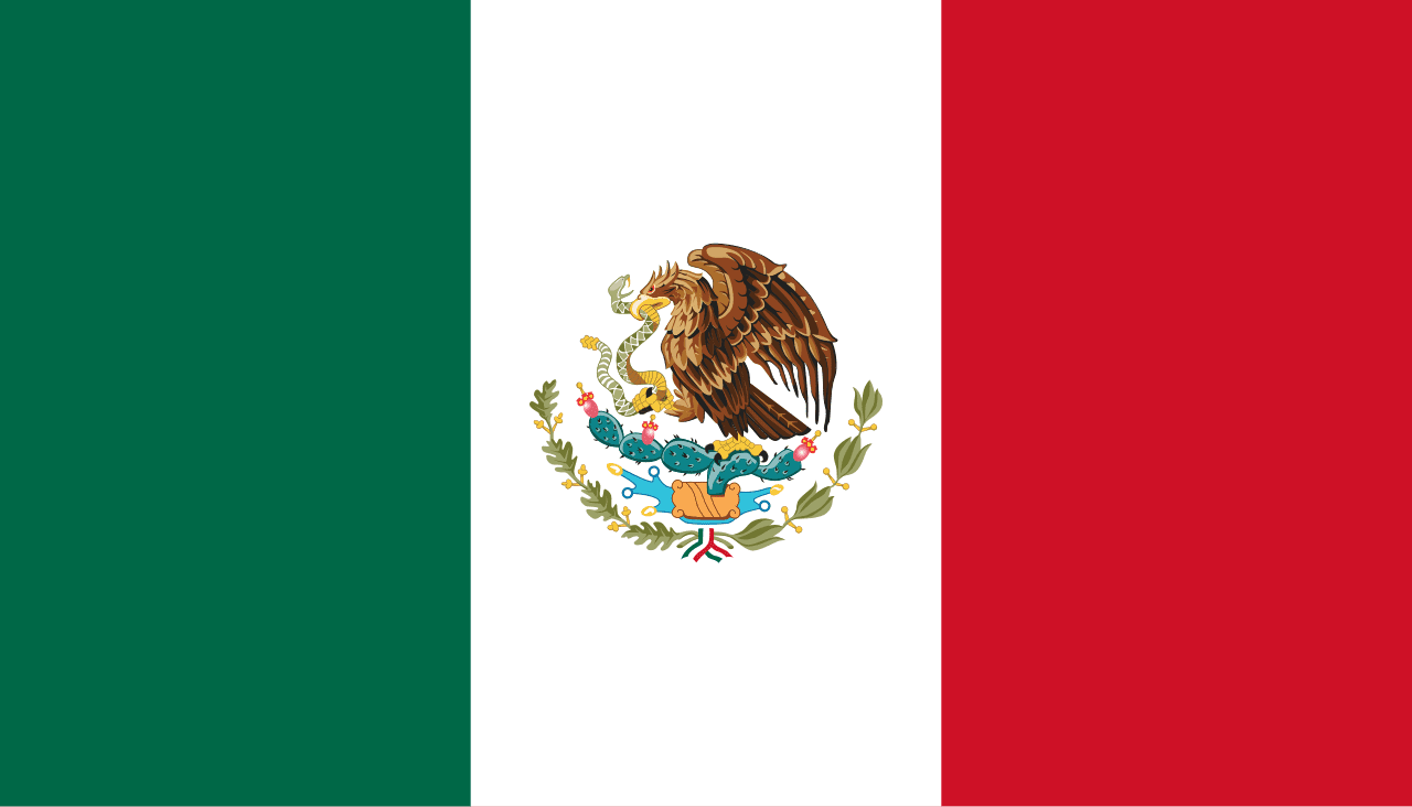 Flag of Mexico: three vertical stripes green, white, red with the national emblem in the center white stripe: an eagle perched on a cactus devouring a serpent (Mexico)