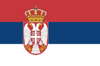 Flag of Serbia: red-blue-white tricolor with the national coat of arms and crown centered