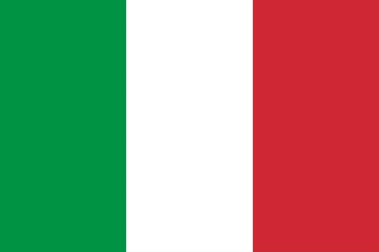 Flag of Italy: vertical green, white, and red stripes from left to right.