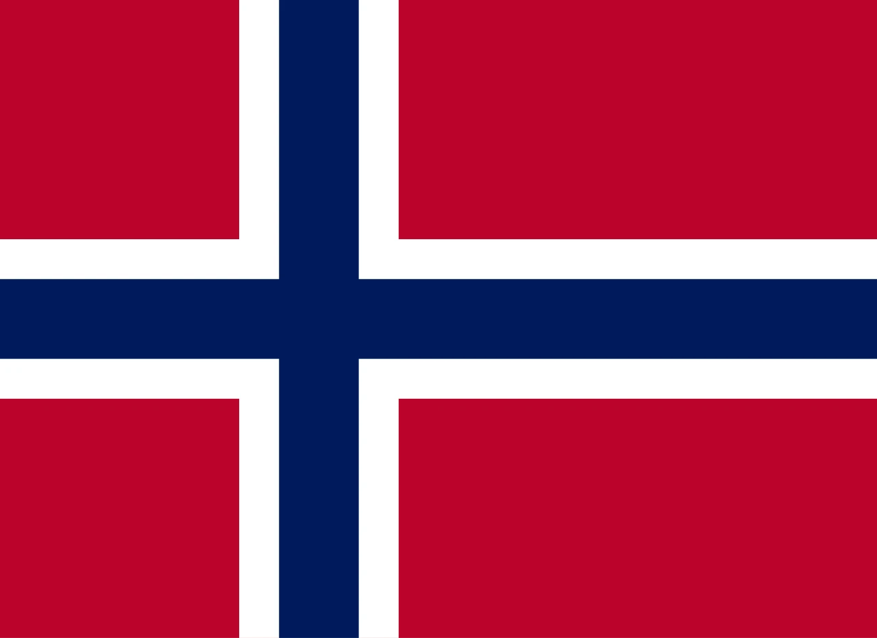 Flag of Norway: red field with a white-edged blue Nordic cross.