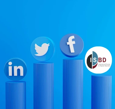 LinkedIn, Twitter, and Facebook icons perched on blue pedestals against a gradient blue background, with an ISBD logo to the right, implying social media presence.