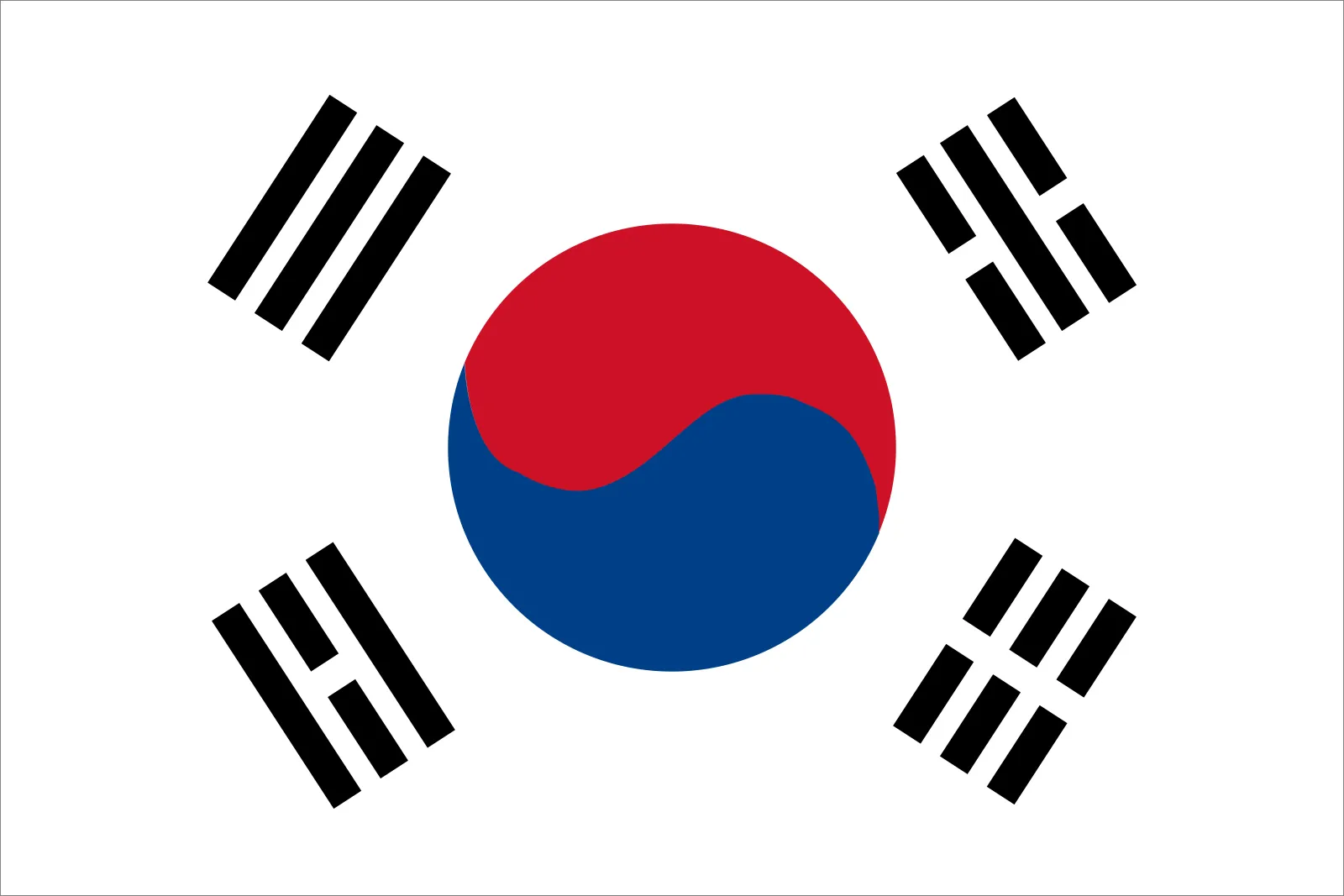 South Korean flag: white field with a red and blue Taeguk circle in the center and four black trigrams at the corners.