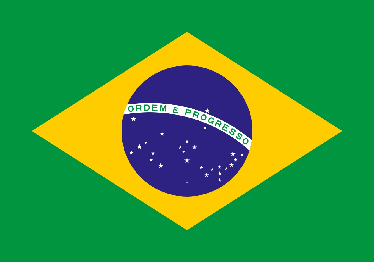 Flag of Brazil: green field with a yellow diamond, blue globe of stars, and a curved white band reading Ordem e Progresso.