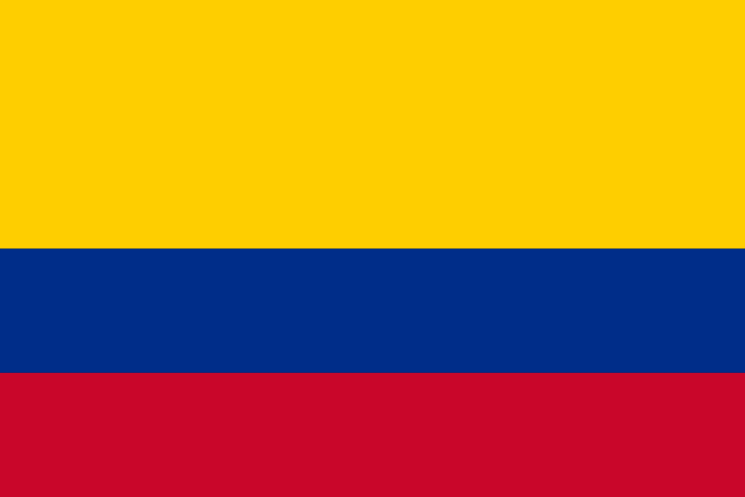 Flag of Colombia: three horizontal stripes—yellow top half, blue middle, red bottom.