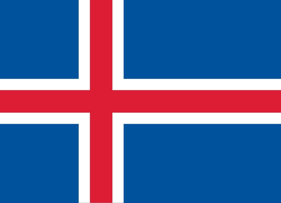 Iceland flag, a sky-blue field with a redoff-center cross outlined in white